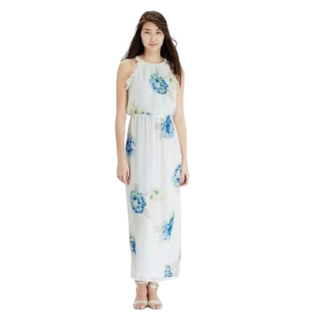 Old Navy sz XL floral chiffon maxi dress white blue sleeveless ruffle shoulder